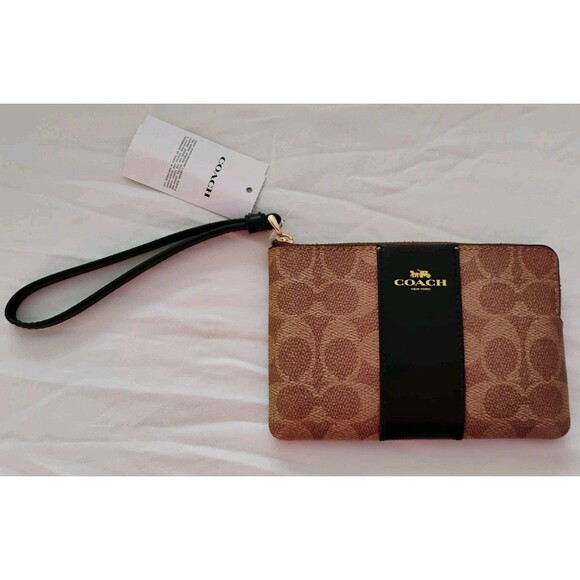 NWT COACH Corner Zip Wristlet Signature Canvas & Leather Brown Logo w/ Black - Picture 2 of 6